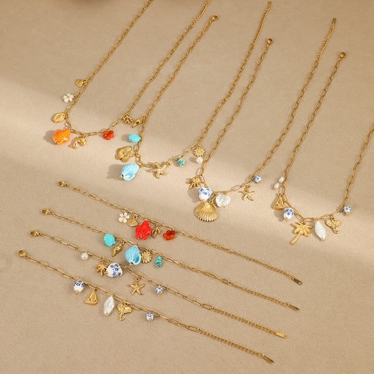 Bracelet Necklace Ornament Ocean Vacation Beach Wind Tassel Starfish Shell Embellished Necklace
