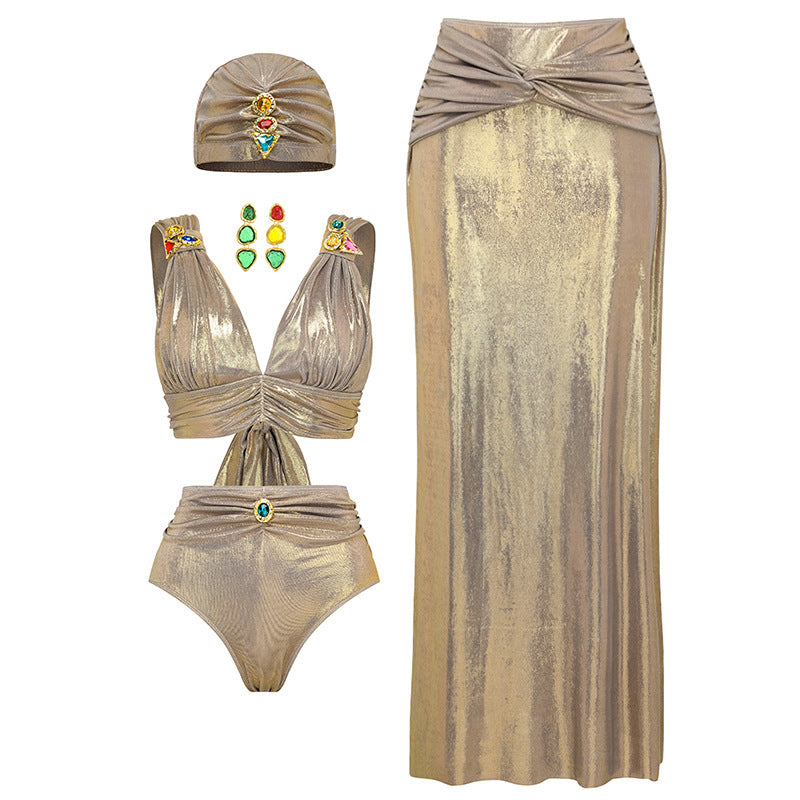 Colorful Crystals Decorative V neck High Waist Bikini Swimsuit Women