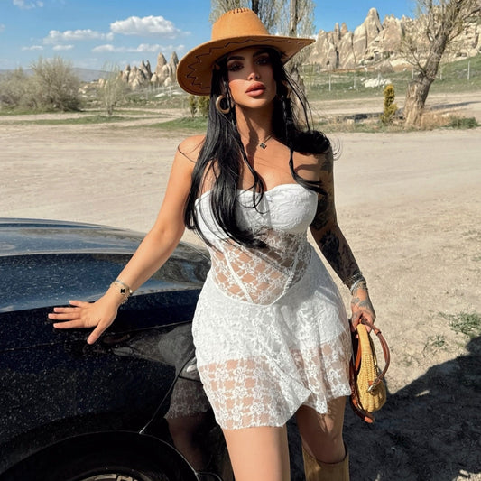 Summer Women Sexy Lace Stitching Tube Top Slim Fit See through Dress