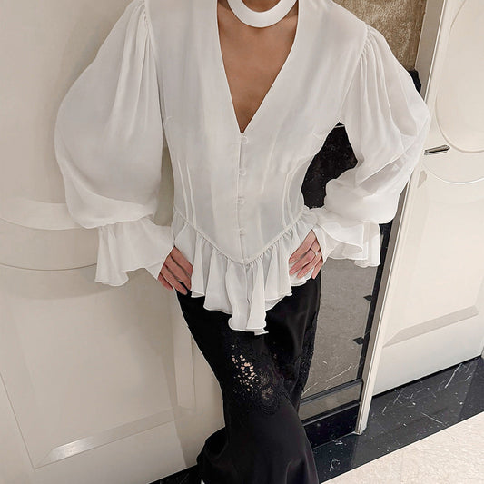 Palace Design Ruffled Long Sleeved Shirt Spring Autumn Elegant High Grade Top Women
