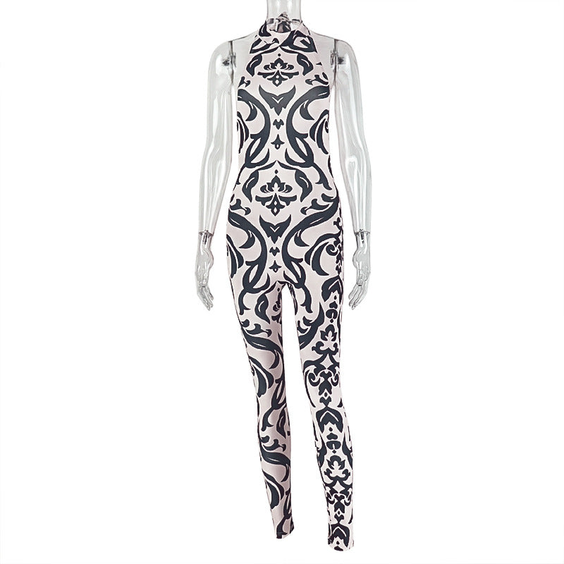 Women Striped Jumpsuit Sexy Halter Turtleneck Backless Print Long Jumpsuit