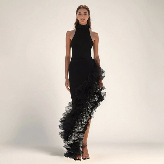 Ruffled Black Mesh Asymmetric Dress Long Party Sexy Cocktail Bandage Dress for Women