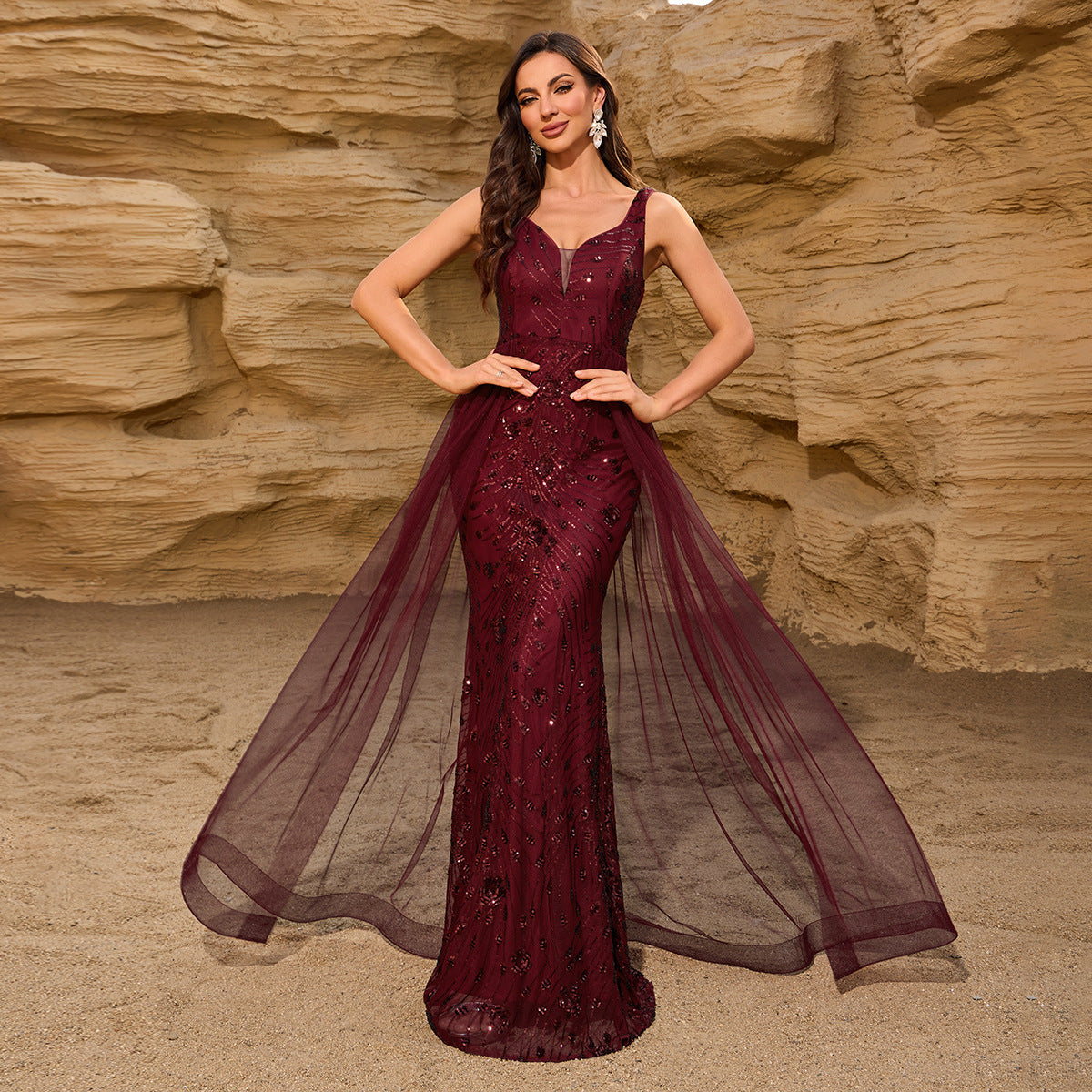 Sequin Stitching Mesh V neck U Back Party Mermaid Dress Classic Wine Red Party Dress