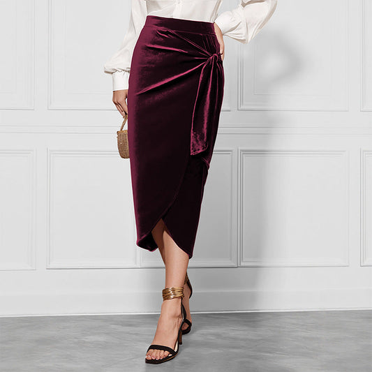 Solid Color Twisted Skirt Office Autumn Winter Split Velvet Dress