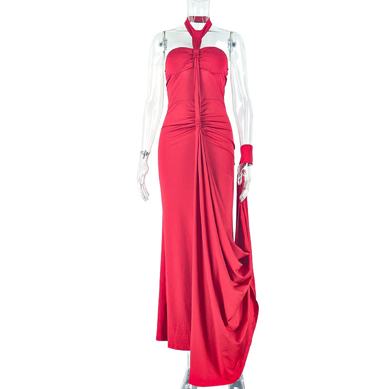 Solid Color Elegant Women Backless Lace up Tube Top Hip Pleated off Neck Dress Cocktail Dress