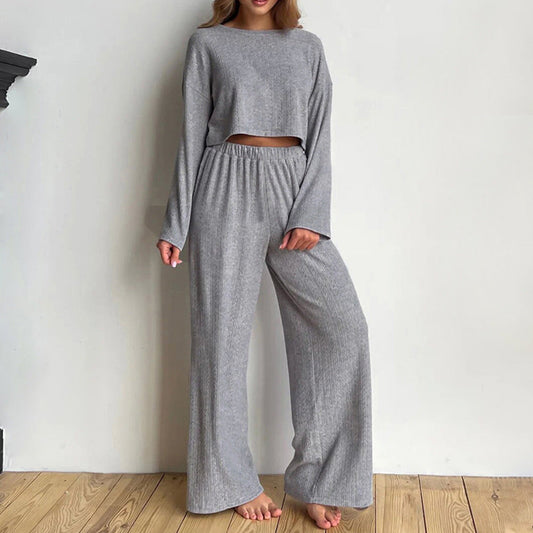 Gray Long Sleeve Trousers Pajamas Set Winter Wheat Jacquard Home Wear for Women
