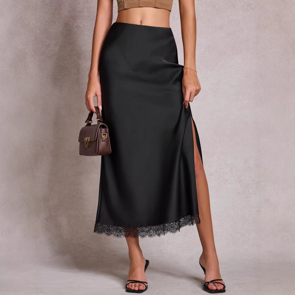 Women Clothing Satin Skirt Lace Split High Waist Elastic Sexy Sheath Skirt