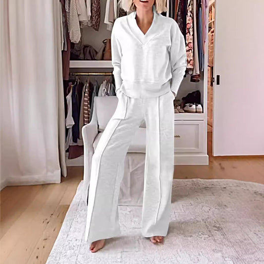 Autumn Casual V neck Long Sleeve Loose Top Wide Leg Pants Two Piece Set