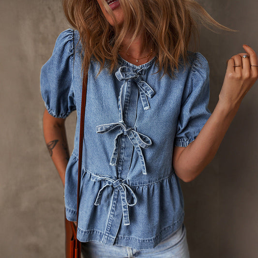 Summer Solid Color Denim Shirt Women Casual All Matching Pullover round Neck Puff Sleeve Top Women