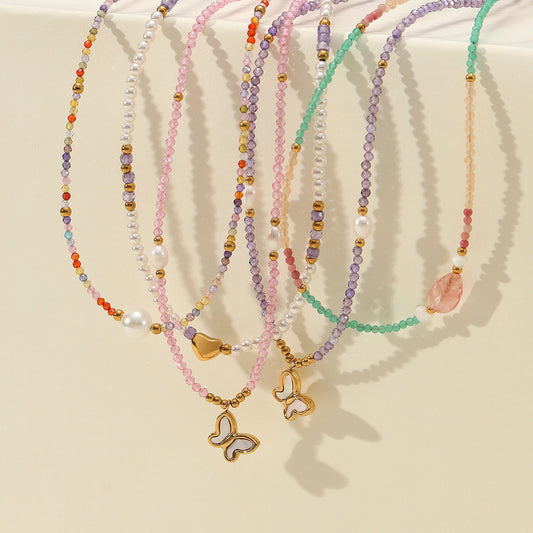 Colorful Freshwater Pearl Natural Stone Handmade Beaded Titanium Steel Necklace Niche Design Butterfly Embellished