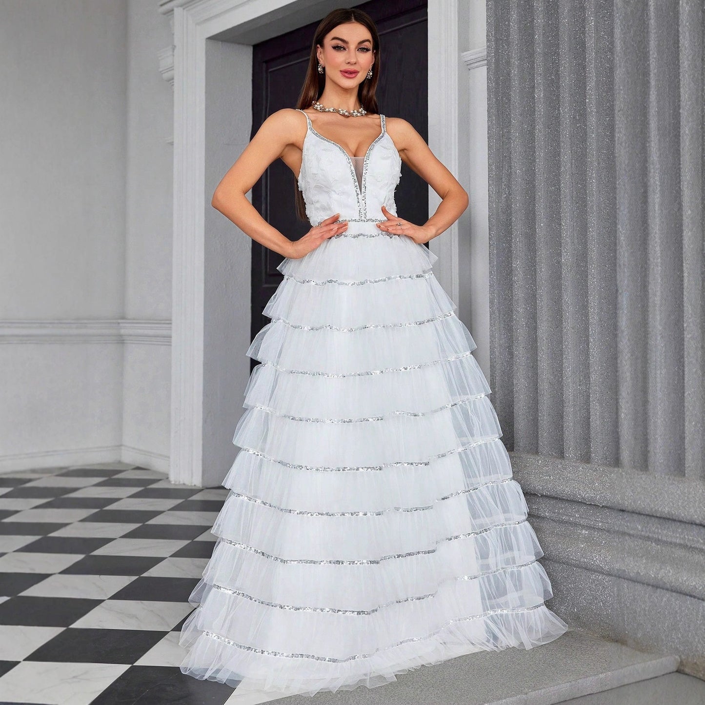 Suspender V neck Evening Dress Tube Top Dress Layered Women Dress