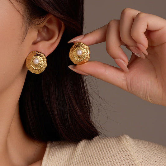 Simple Titanium Steel Geometric Abstract Pleated Pearl Stainless Steel Studs High Grade Delicate Earrings Women