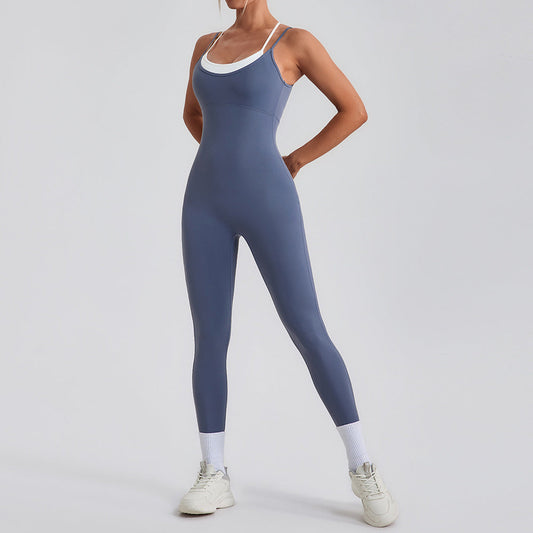 Faux Two Piece Contrast Color Sling Sports Jumpsuit One Piece Yoga Clothes Backless Outdoor Fitness One Piece