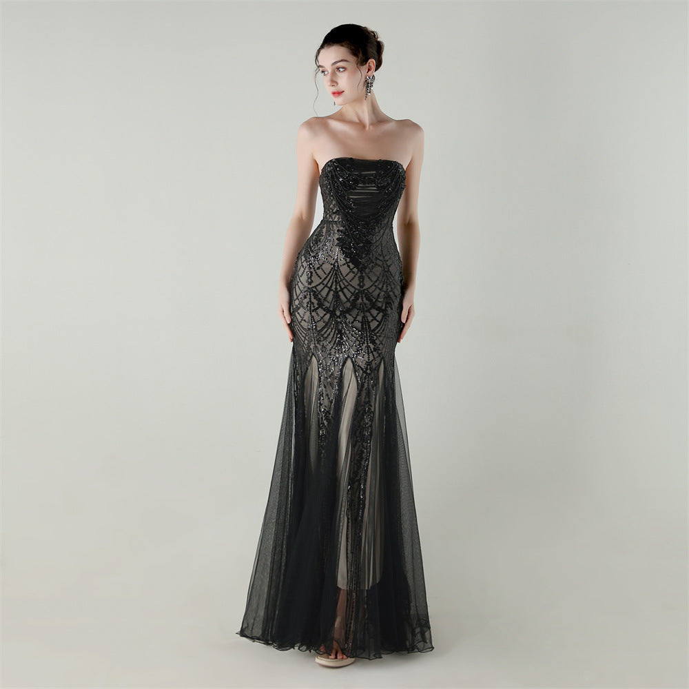 Mesh Heavy Industry Beaded Tube Floral Evening Dress Tube Top Fishtail Dress Swing Cocktail Social Socialite