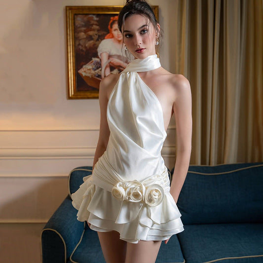 Women Clothing Spring Sexy High Grade off Shoulder Satin Backless Dress Women