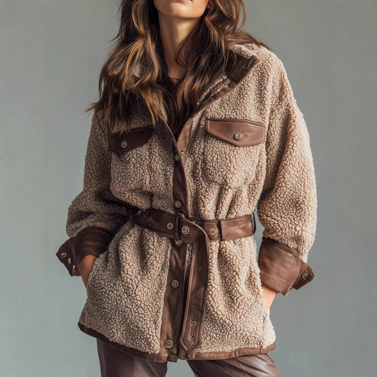 Autumn Winter Women Clothing Thickened Lamb Buy Stitching Faux Leather Pocket Leather Belt Retro Coat