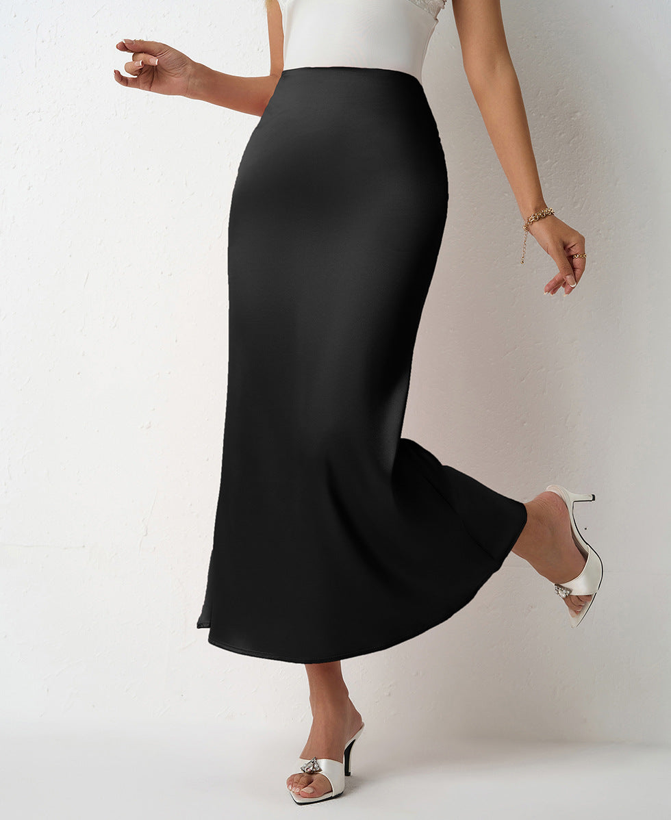 Women Clothing Spring Summer Slim Satin Skirt Satin Mid Length Sheath Fishtail Skirt