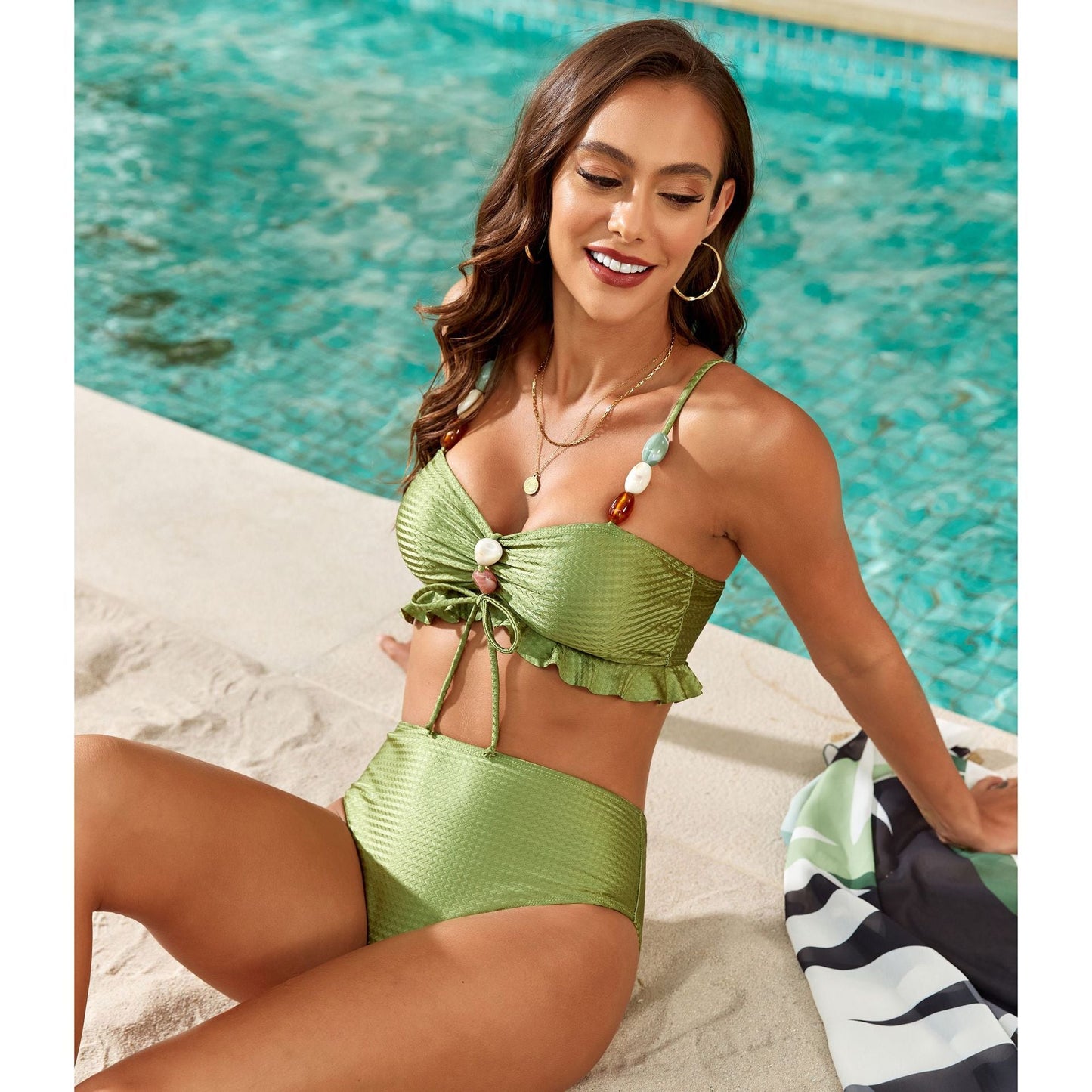 Beads Tether Split Swimsuit Women Three Piece Sets Bikini