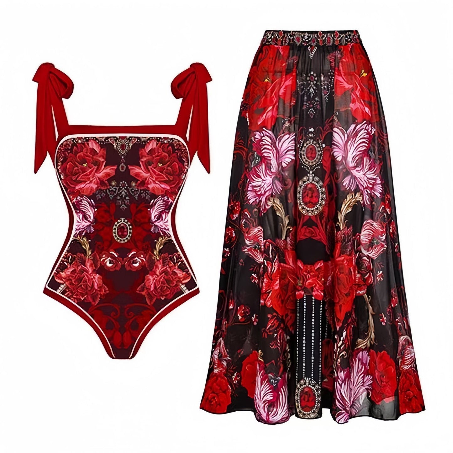 Conservative Sunscreen Swimsuit Women Vintage Printed Gauze Skirt Bikini