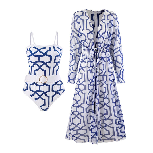 Two Piece Swimsuit Digital Printing Belly Belt Oversized Blouse Swimsuit for Women