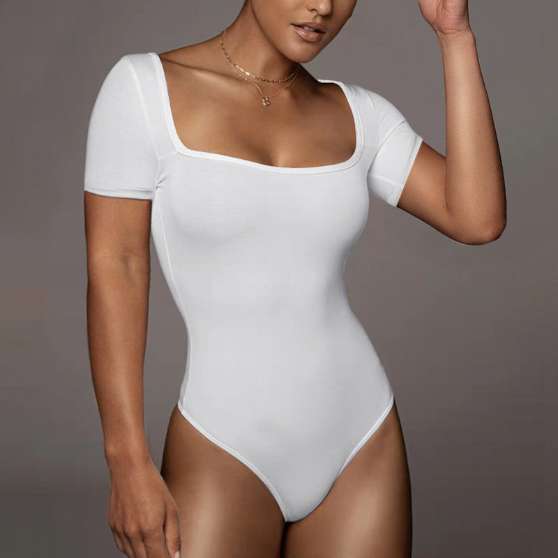 Bodysuit Summer Women Clothing Sexy Tight Square Collar Short Sleeve Bodysuit
