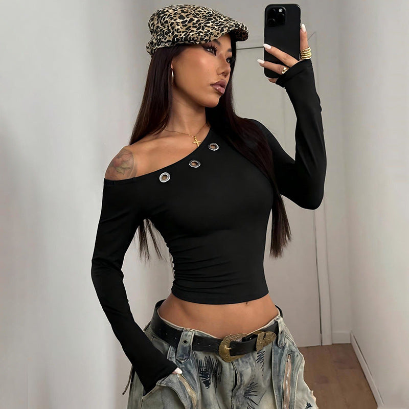 Winter One Shoulder Cold Shoulder Corns Solid Color Cropped Exposed Pullover Upper Clothes Long Sleeves T shirt