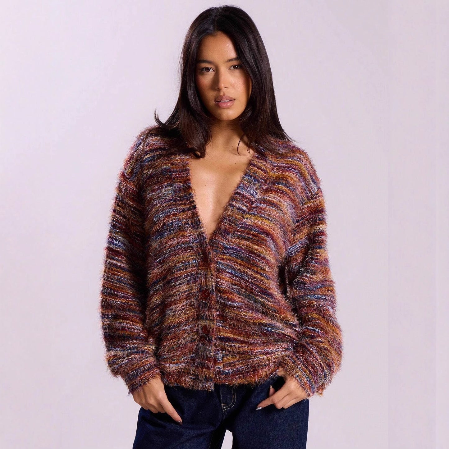 Retro Deep V Plunge neck Design Maillard Plush Long Sleeve Cardigan