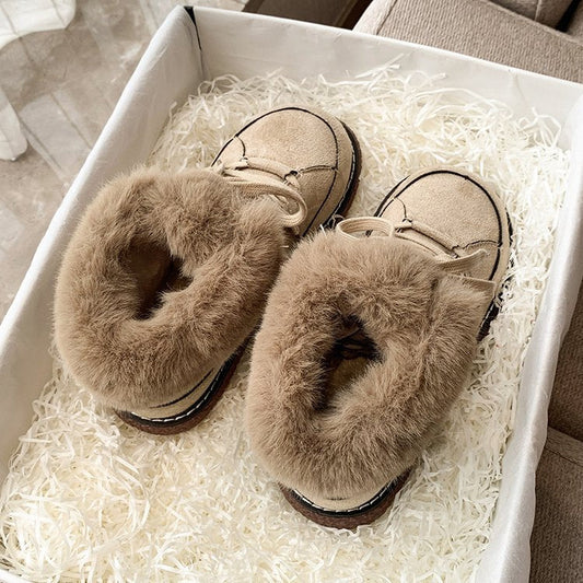 Warm Lace up Low Top Cotton Shoes Women Winter Fleece lined Thickened round Lace up Snow Platform Ankle Boots
