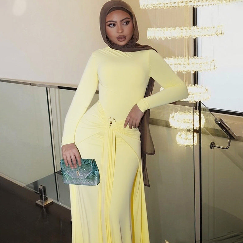 Summer Women Clothes Elegant Decorative Buckle Solid Color Long Sleeve Narrow Tight Strap Dress
