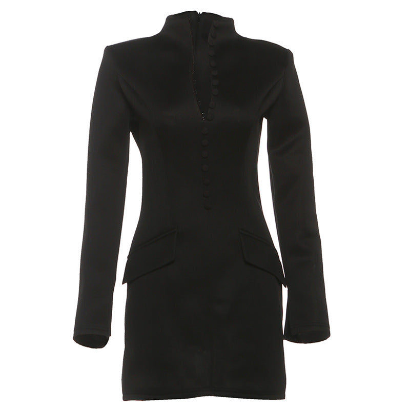 Autumn Winter Women Elegant Sexy Waist Trimming Hip Skirt Solid Color Long Sleeve Dress