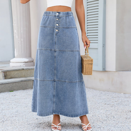 Elastic Waist Front Breasted Stitching Design All Matching Jeans Skirt Women