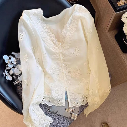 Elegant V neck Hollow Out Cutout Lace Long Sleeved Shirt