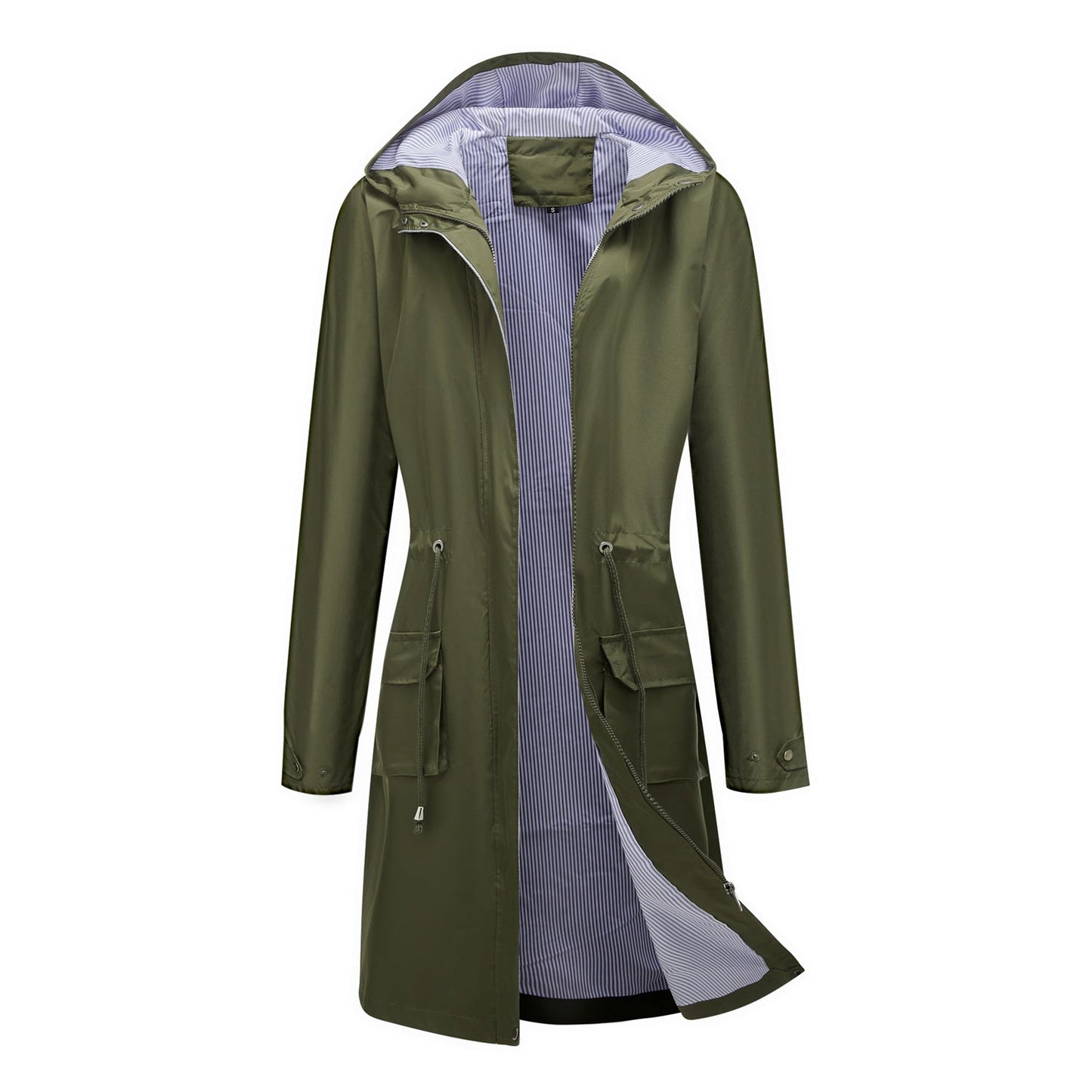 Spring Autumn Long Casual Trench Coat Women Waterproof Hooded Solid Color Top Striped Lining Straight Coat