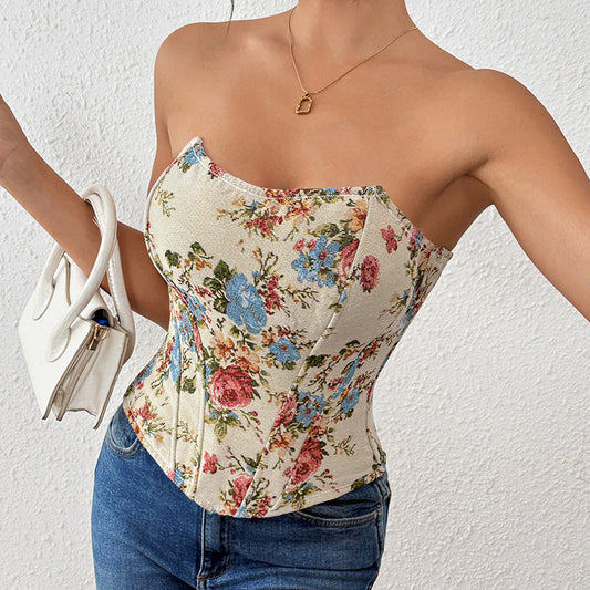 Summer French Retro Floral Print Tube Top Niche Boning Corset Sexy Outerwear Bra