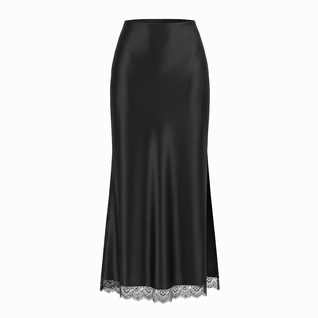 Women Clothing Satin Skirt Lace Split High Waist Elastic Sexy Sheath Skirt