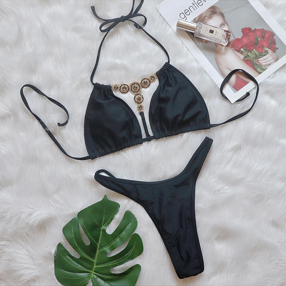 Bikini Crystal Diamond Split Women's Swimsuit Plain Tied Swimsuit