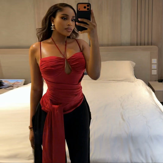 Solid Color Women Pleated Thin Strap Halterneck Sleeveless Summer Backless Wrap Top