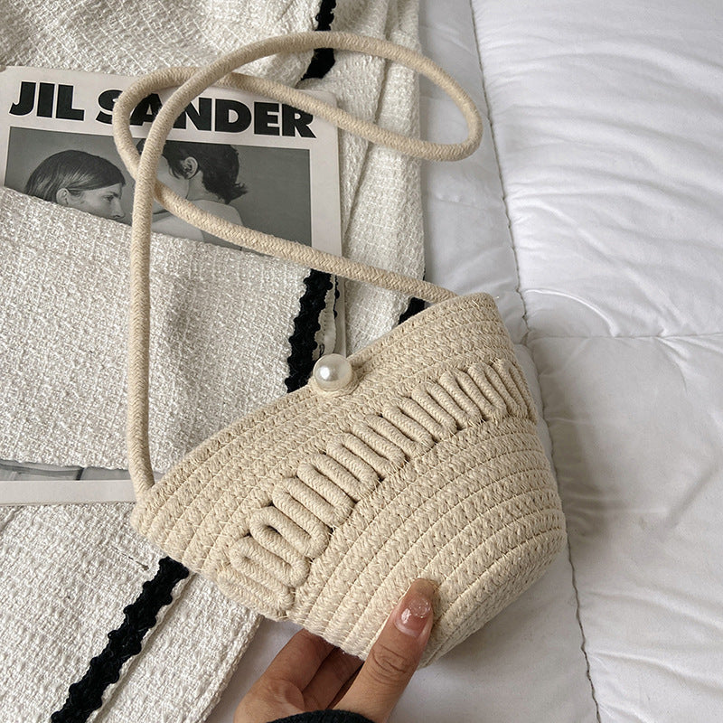Crossbody Straw Bag Cotton Thread Woven Bag Mobile Phone Change Key Case Hollow Out Cutout Cotton Thread Woven Bag Casual Cute Women