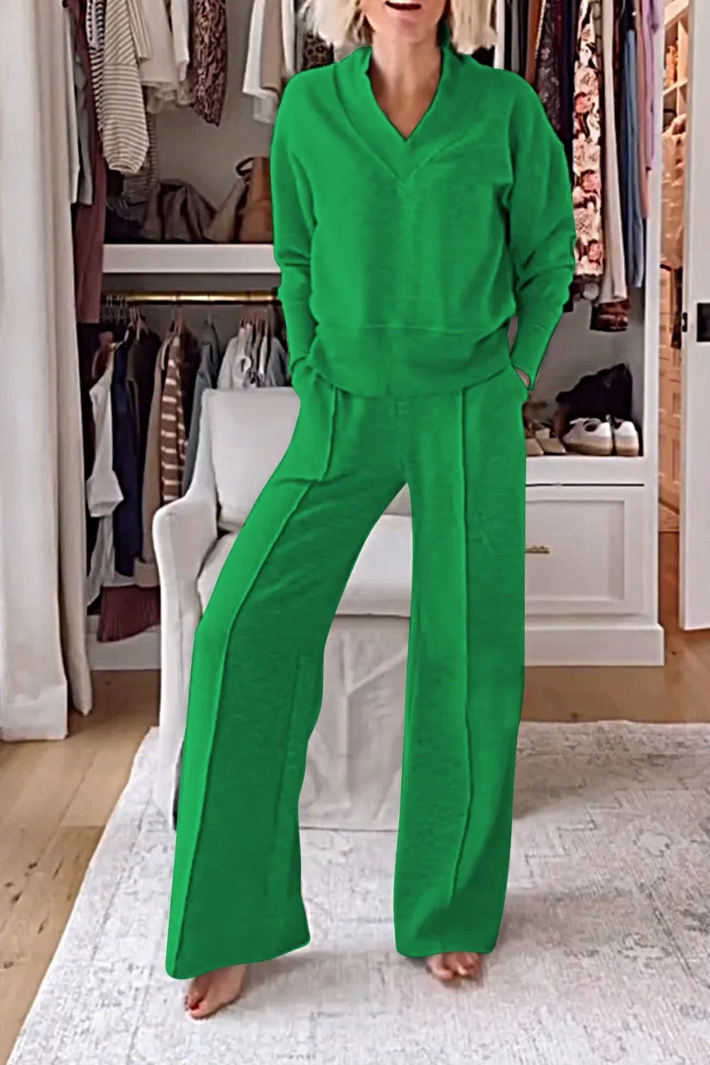 Autumn Casual V neck Long Sleeve Loose Top Wide Leg Pants Two Piece Set