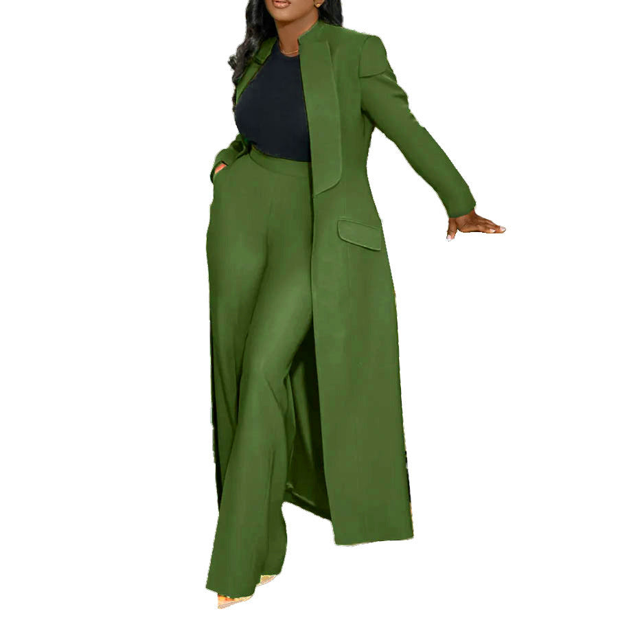 Women Solid Color Polo Collar Long Two Piece Set