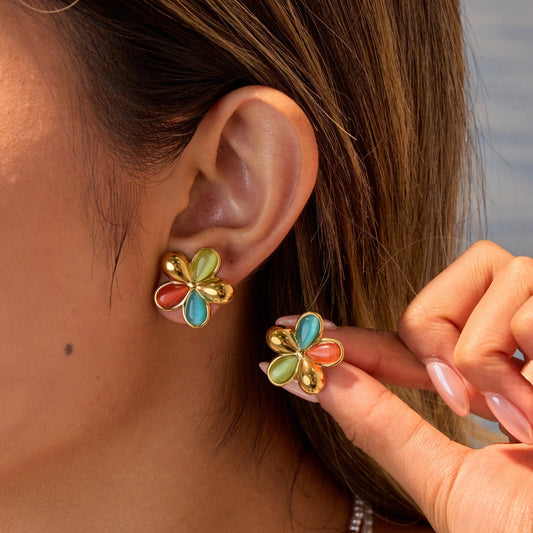 Colorful Opal Floral Stainless Steel Studs 18K Gold Plating Refined Wild Earrings