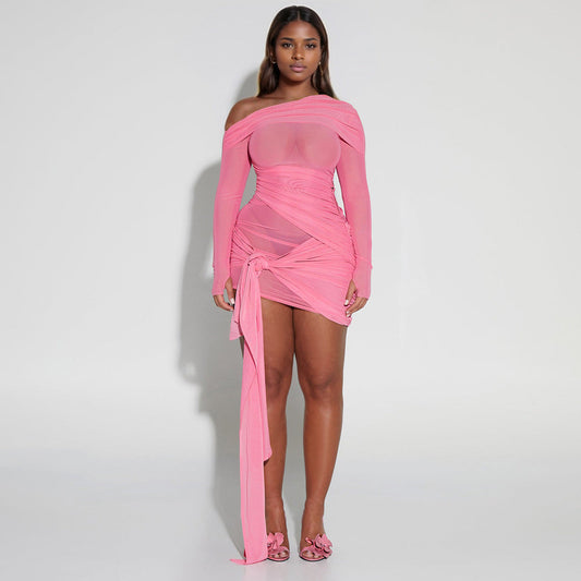 Spring Summer Women Wear Off Neck Design Sexy Pleated Dress Dopamine Sexy