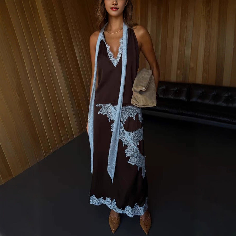 Women Spring Summer Satin Stitching Sleeveless Casual Loose Skirt Set