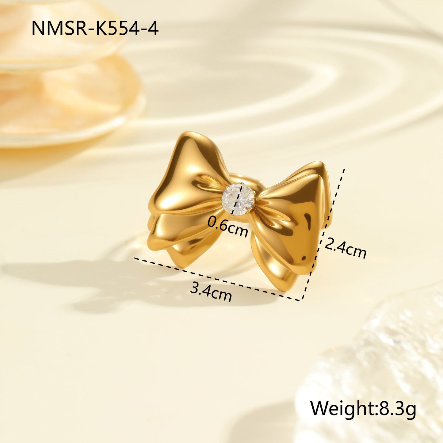 Bowknot Zircon Titanium Steel Ring 18K Gold Plating Open Ring Hand Jewelry