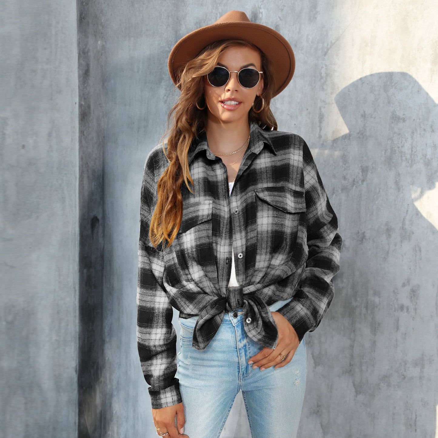 Women Long Sleeved Plaid Button Shirt Full Color Uniform Size Jacket