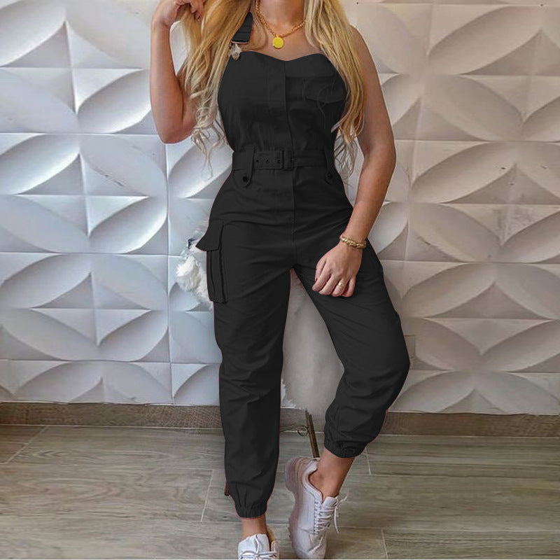 Women Workwear Belt Sleeveless Suspender Simple Ankle Banded Plus size Jumpsuit