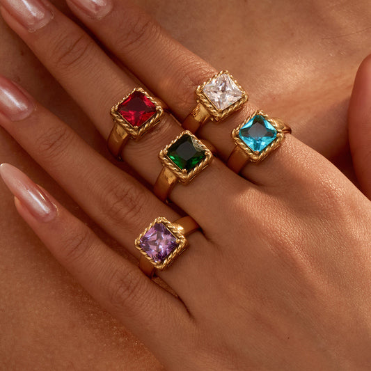 Entry Lux Color Square Open End Zircon Ring Stainless Steel 18K Gold Plating Vintage Modern Office Ring