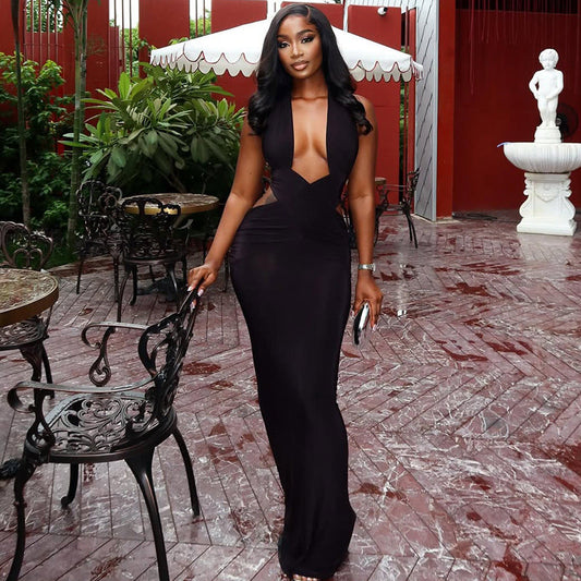 Street Solid Color Women Clothing Ruffle Hip One Step Low Cut Slim Fit Halter Slimming Maxi Dress