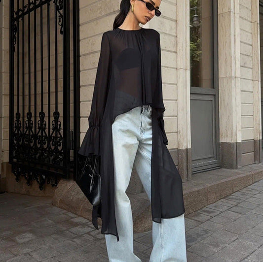 Chiffon Shirt Women Black Mesh Irregular Asymmetric Niche Design round Neck Ruffle Sleeve Long Sleeve Top