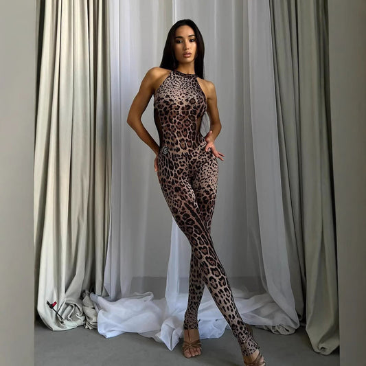Sexy Sleeveless Halter Leopard Print Printed Mesh Stitching Jumpsuit Tight High Elastic Trousers